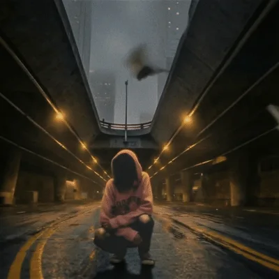 Person In Pink Hoodie Crouching Under Urban Overpass