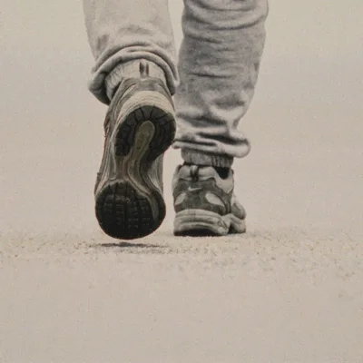 Person Walking Away In Grey Sweatpants And Sneakers