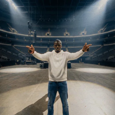 Man Standing In Empty Arena Pointing At Camera