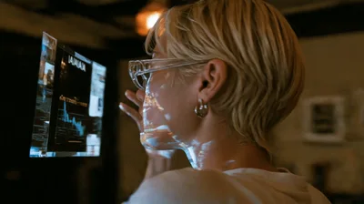 Woman Interacting With Holographic Augmented Reality Interface