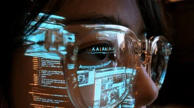 Close Up Of Person Wearing Glasses Reflecting Computer Code