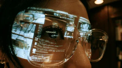 Close Up Of Woman Wearing Glasses Reflecting Digital Screens