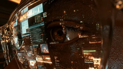 Close Up Of Human Eye Reflecting Digital Data