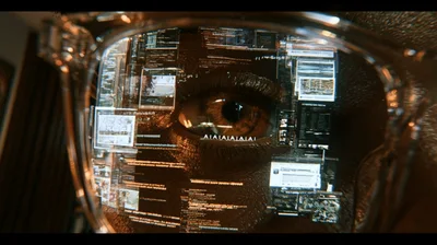 Close Up Of Human Eye Reflecting Digital Data Streams