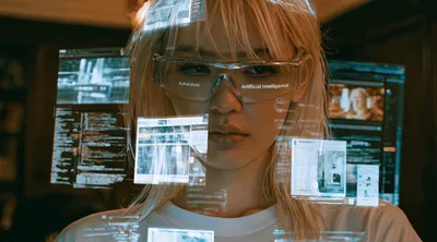 Young Woman Interacting With Holographic Artificial Intelligence Interface