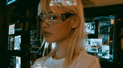 Young Woman Interacting With Holographic Data Interfaces