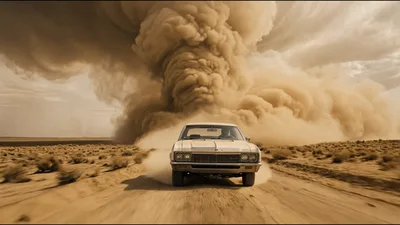 Vintage Car Driving Away From A Massive Dust Storm