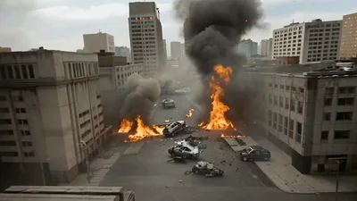 Aerial View Of City Street Destroyed By Explosions