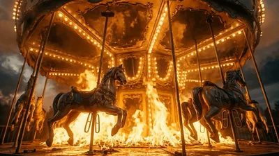 Burning Carousel With Rotating Horses At Night