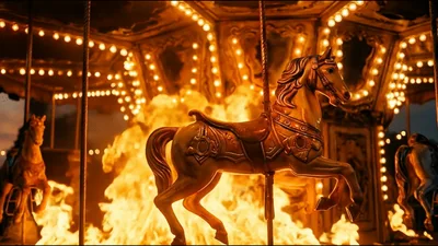 Carousel Horse Rotating Amidst Intense Fire Background