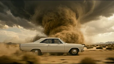 Vintage White Car Driving Past Massive Desert Tornado