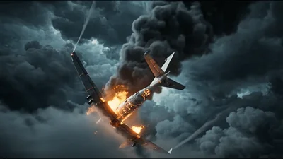 Burning Passenger Airplane Falling Through Stormy Clouds