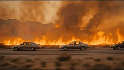 Three Sedans Driving Past A Massive Wildfire