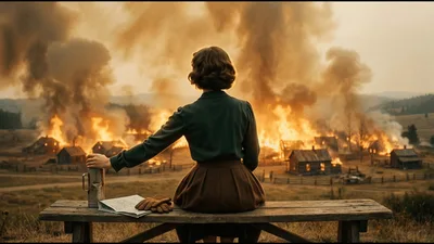 Woman Sitting On Bench Watching A Burning Village