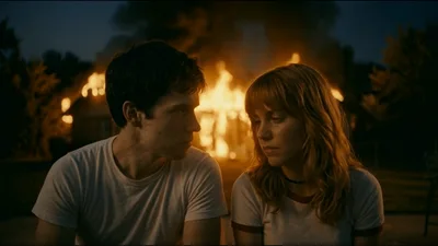 Young Couple Sitting Together Watching A Burning House