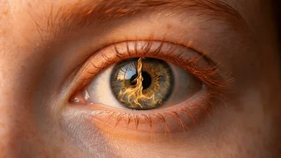 Close Up Of Human Eye With Animated Fire Reflection