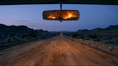 Car Driving Away From A Desert Wildfire At Dusk