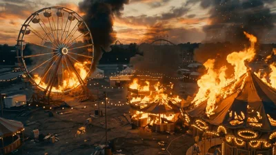 Burning Carnival Rides At Sunset With Thick Smoke