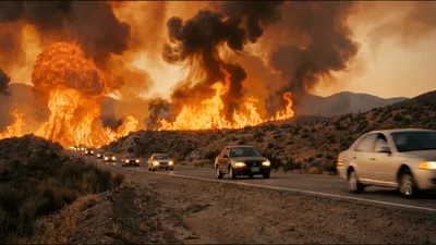 Cars Driving Past A Massive Wildfire On A Desert Road