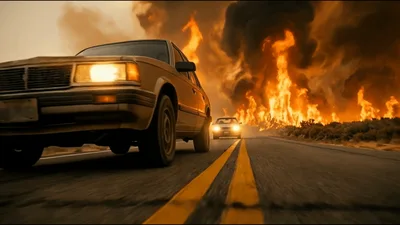 Two Cars Driving Away From A Massive Wildfire Explosion