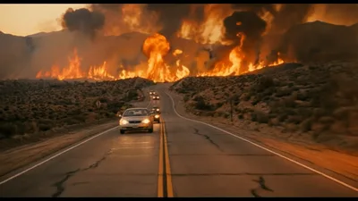 Cars Driving Through A Massive Wildfire On A Desert Road