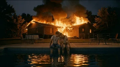 Couple Sitting By Pool Watching House Fire At Night