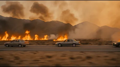 Three Sedans Driving Past A Large Wildfire