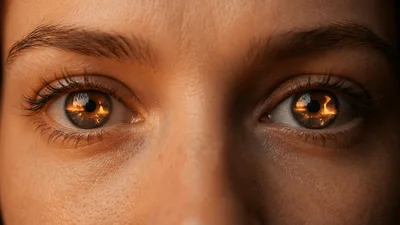 Close Up Of Human Eyes Reflecting Burning Fire