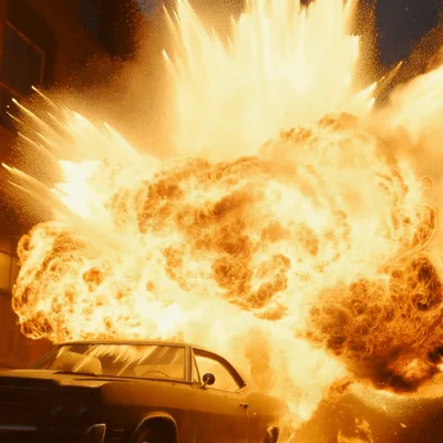 Massive Car Explosion Near Brick Building At Dusk
