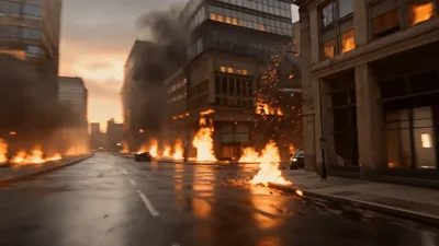 Cars Driving Through A Burning City Street