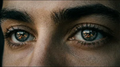 Extreme Close Up Of Human Eyes Reflecting City Traffic