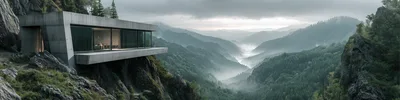 Modern Concrete House Perched On A Misty Mountain Cliff