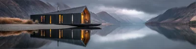 Modern Minimalist Cabin On A Calm Mountain Lake