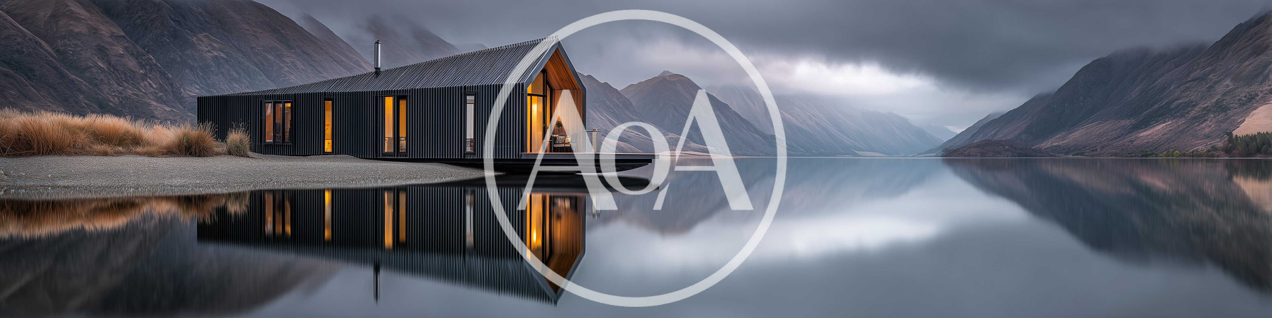 Modern Minimalist Cabin On A Calm Mountain Lake