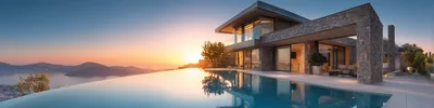 Luxury Modern Villa With Infinity Pool At Sunset