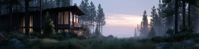 Modern Wooden Cabin In A Misty Pine Forest