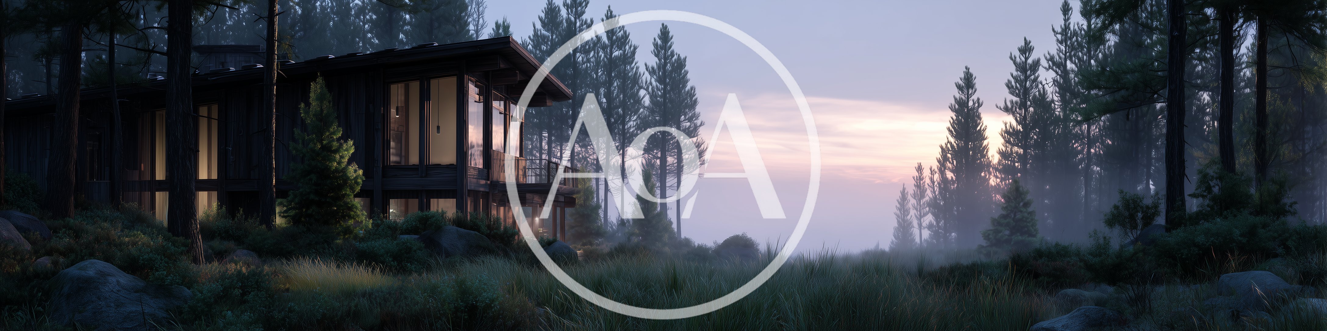 Modern Wooden Cabin In A Misty Pine Forest