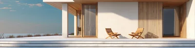 Modern Minimalist Patio With Wooden Chairs Overlooking Ocean