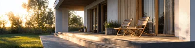 Modern House Terrace With Wooden Chairs At Sunset