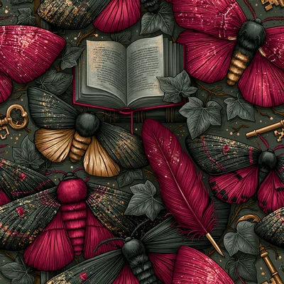 Seamless Pattern With Moths Books And Feathers