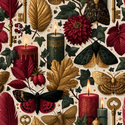 Seamless Pattern With Gothic Candles Moths And Keys