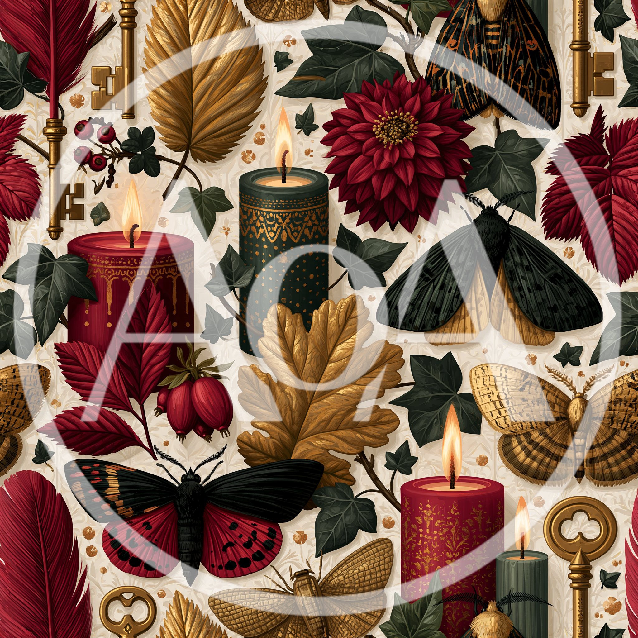Seamless Pattern With Gothic Candles Moths And Keys