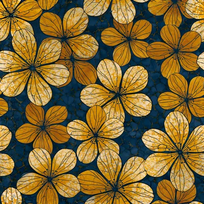 Seamless Pattern of Golden Flowers on Dark Blue Background