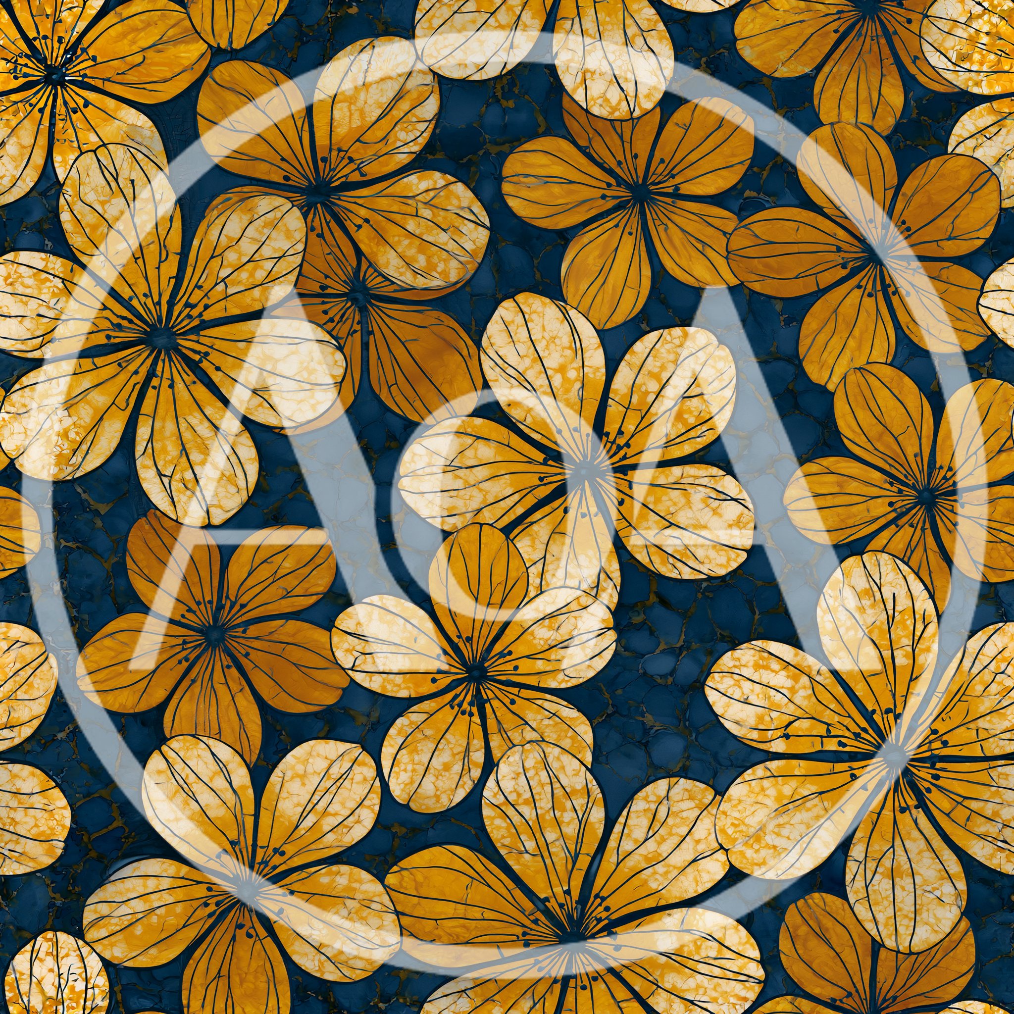 Seamless Pattern of Golden Flowers on Dark Blue Background