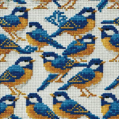 Seamless Pattern Of Cross Stitched Blue Tits