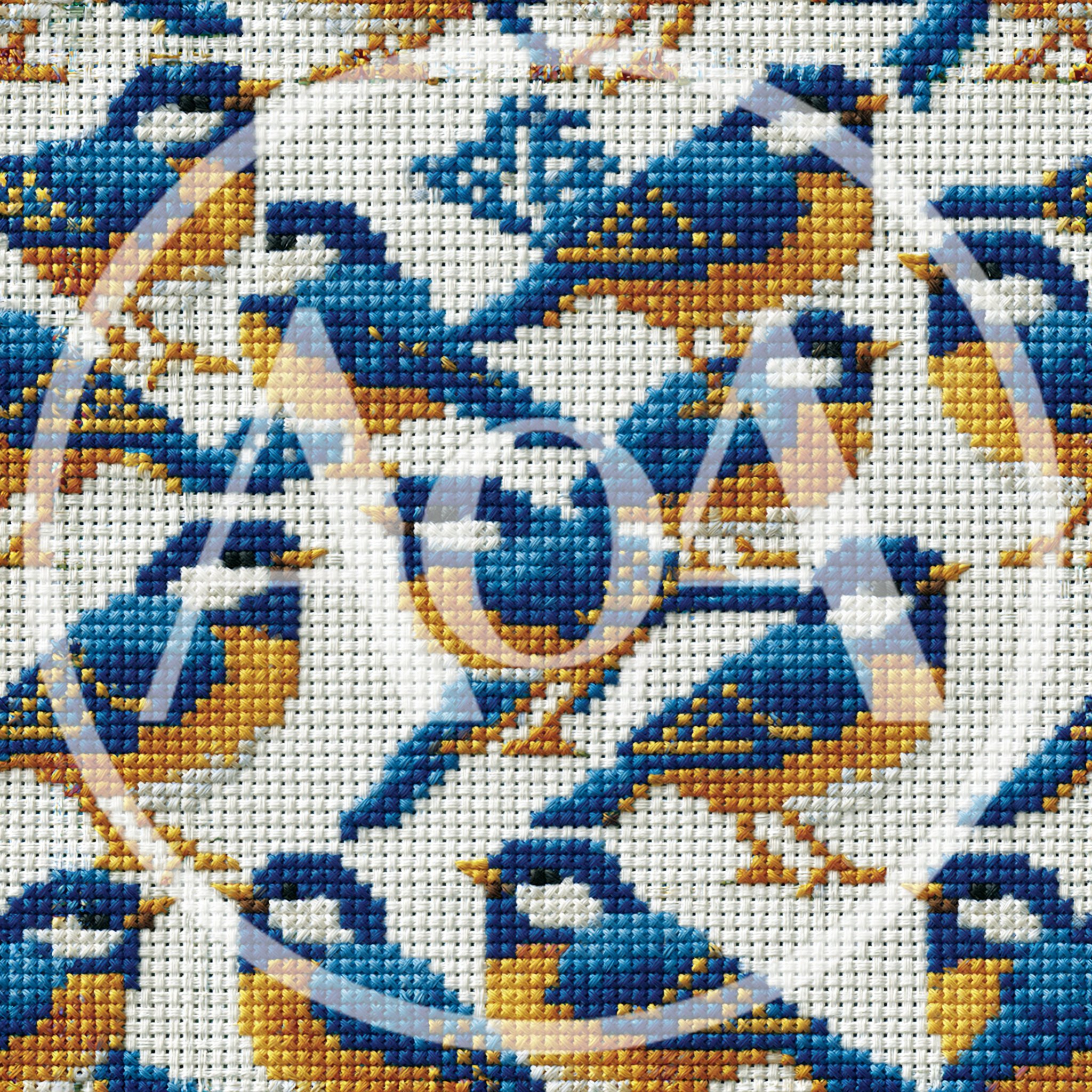 Seamless Pattern Of Cross Stitched Blue Tits