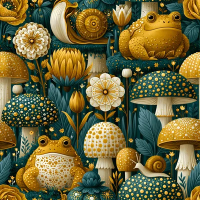 Seamless Pattern With Frogs Snails And Mushrooms