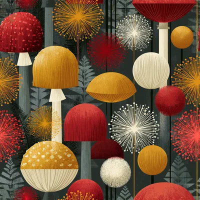 Seamless Pattern Of Stylized Mushrooms And Dandelion Flowers