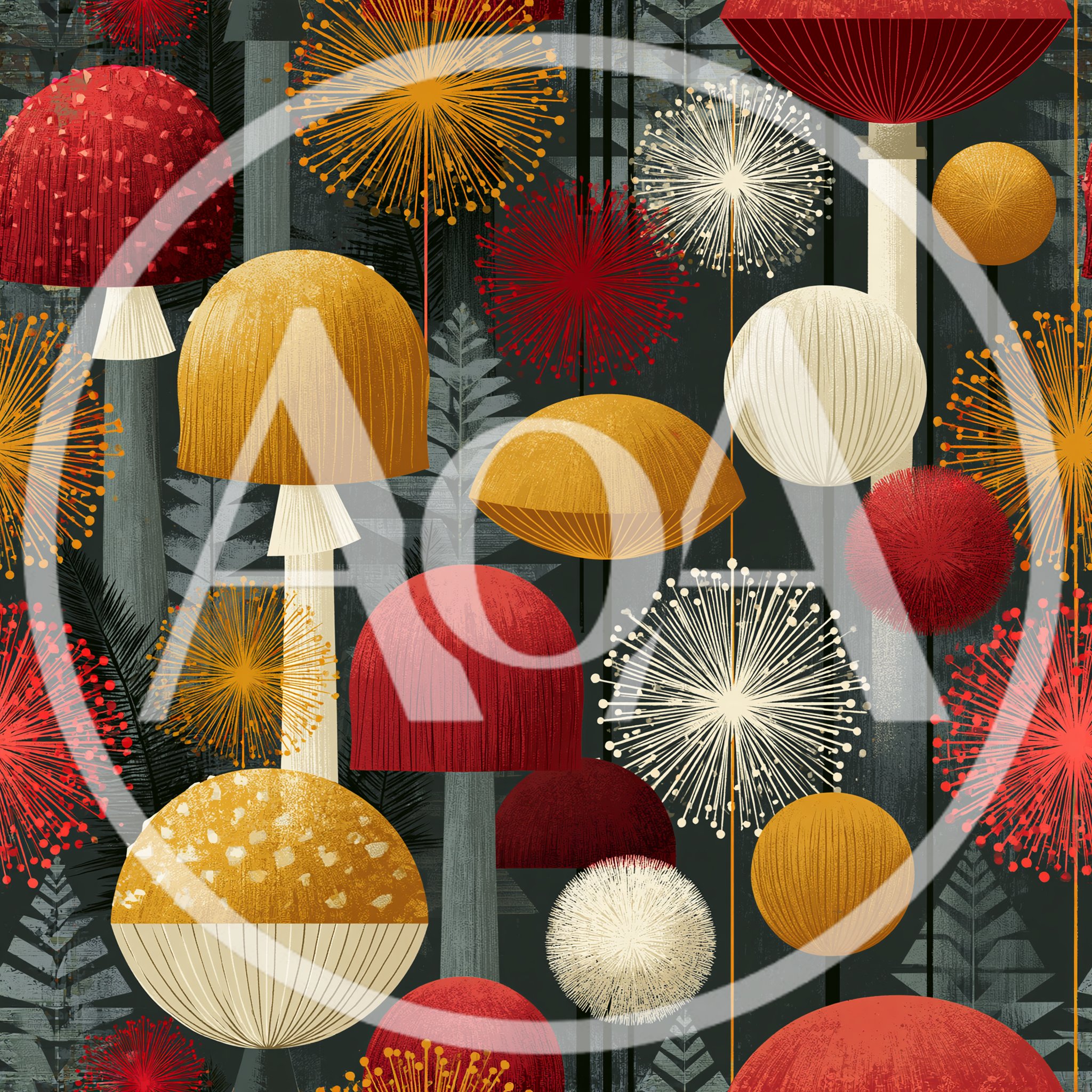 Seamless Pattern Of Stylized Mushrooms And Dandelion Flowers