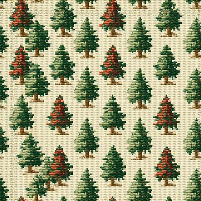 Seamless Pattern Of Embroidered Pine Trees
